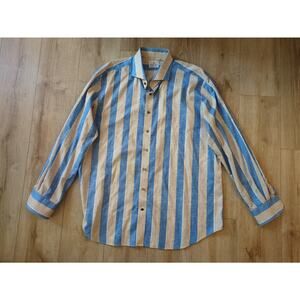 Emanuel Berg Blue Tan Striped Brushpopper Style Harvard Shirt Classic Fit